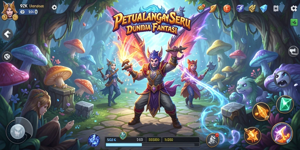 Screenshot menunjukkan karakter utama menjalani petualangan di dunia fantasi.